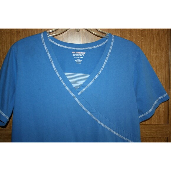 Women's Blue Knit Top All American Comfort V Neck Inset SZ L Pullover GUC - Picture 2 of 4